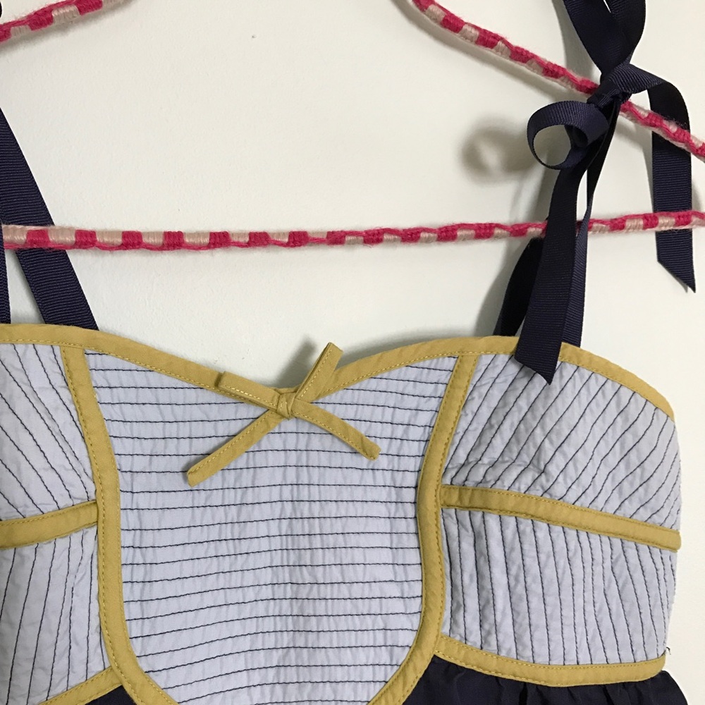 Anthropologie navy blue and white striped chemise with mustard trim